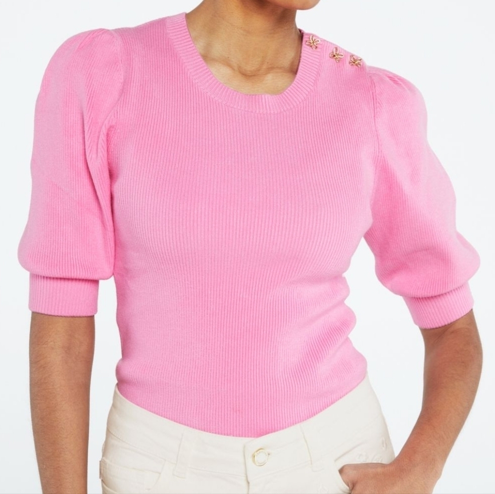 Fabienne Chapot Top 2XL Lillian Pink Ribbed French Chic Gold Bows